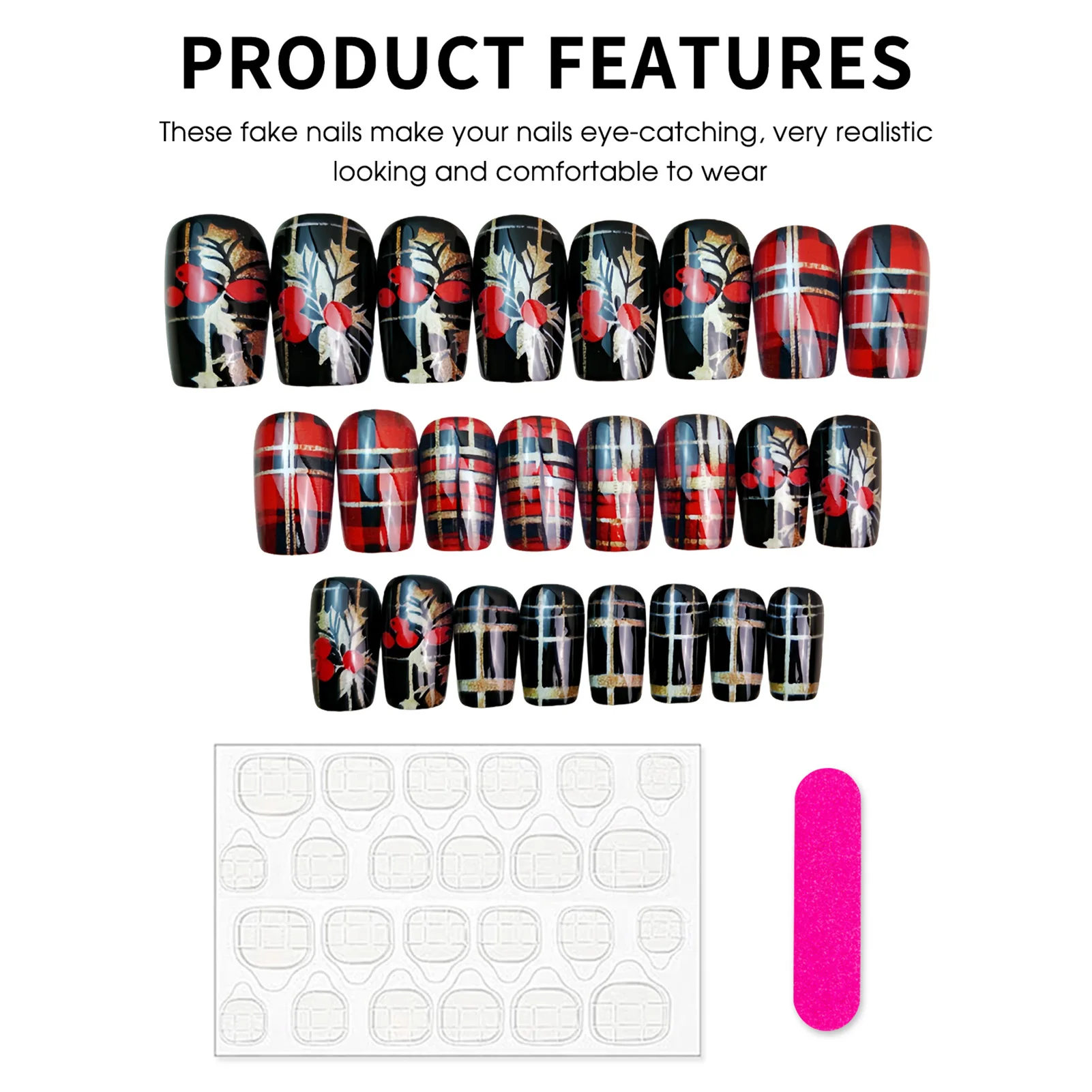 24 قطعة عيد الميلاد الأظافر وهمية الأحمر/الذهب/أسود مخطط تصاميم قصيرة مربع الصحافة على الأظافر للنساء السنة الجديدة حفلة سحر مانيكير