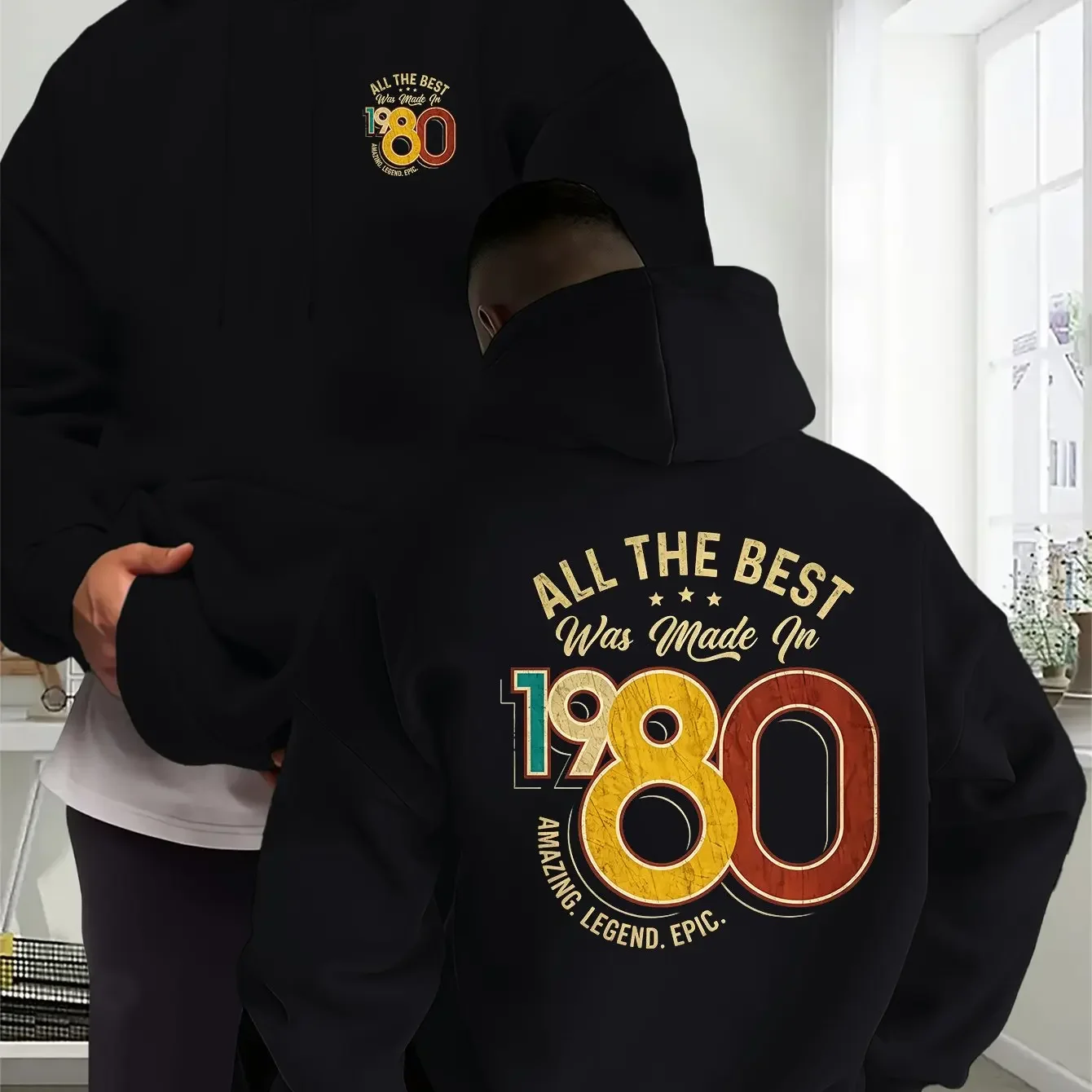Men'S Double-Sided Print Design Hooded Sweatshirt ALL THE BEST 1980 Golden Letter Creative Pattern Casual Sweatshirt