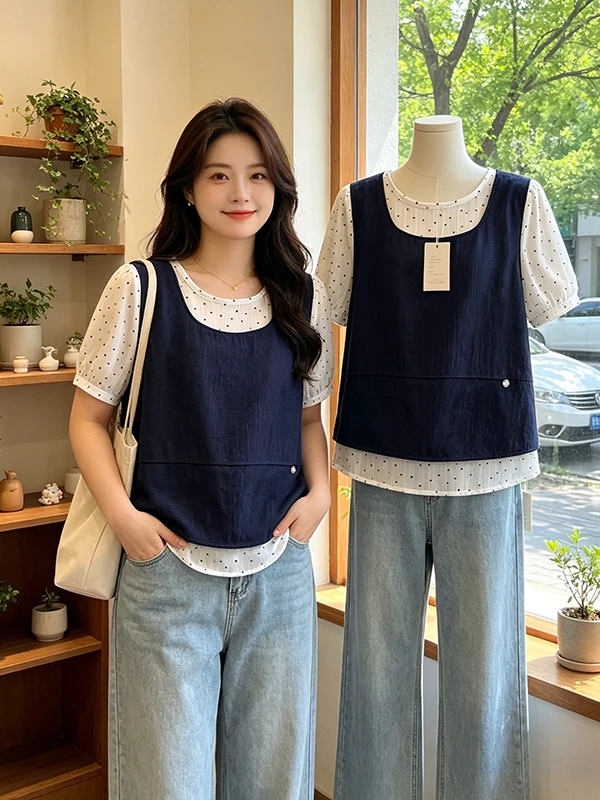 

Summer 2026 New Korean Style Polka Dot Short Shirt Blue Vest Layering Versatile Two-Piece Set Large Size Anti-Aging Commute Wind