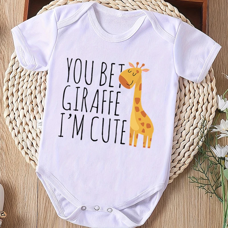 

Adorable 'You Bet Giraffe I'm Cute' Baby Boys And Girls Bodysuit, Cute Giraffe Romper Short Sleeves, Crew Neck, Infant Jumpsuit