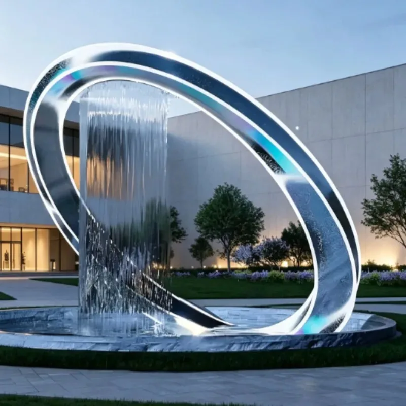 Stainless Steel Abstract Crescent Water Feature Sculpture Outdoor Plaza Landscape Ornament Mirror Polished Finish Large-Scale