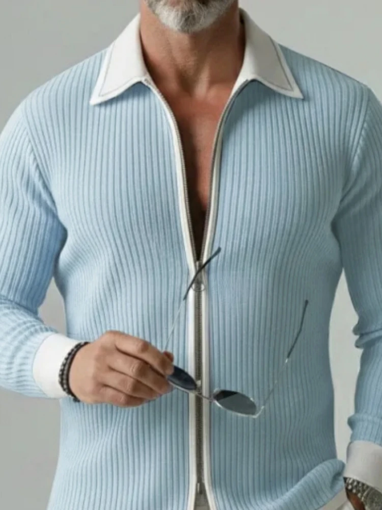 Elegant Men Vertical Rib Knit Zip Front Polo Top Contrast White Trim Lapel Collar Long Sleeve Slim Casual Daily Knitted Jacket
