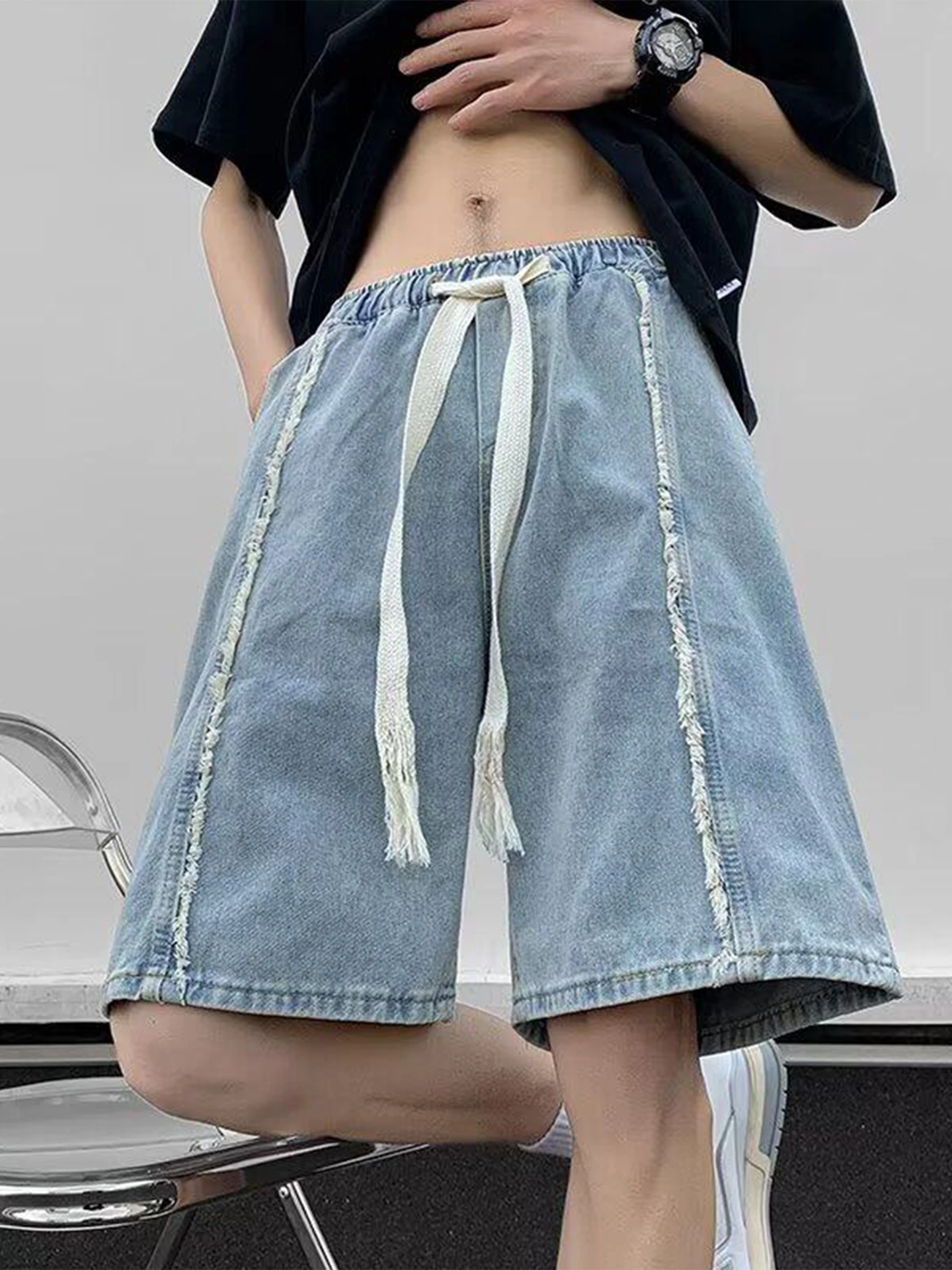 

Blue Elastic Waist Denim orts Men's Summer American Retro Frayed Straight Leg Loose Wide Leg Five-Quarter Pants
