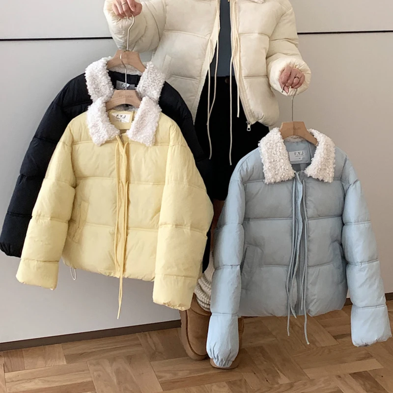 

Harajuku Short Parkas Jacket Women Chic Faux Lambs Wool Patchwork Down Cotton Coat Sweet All-Match Student Winter Jackets