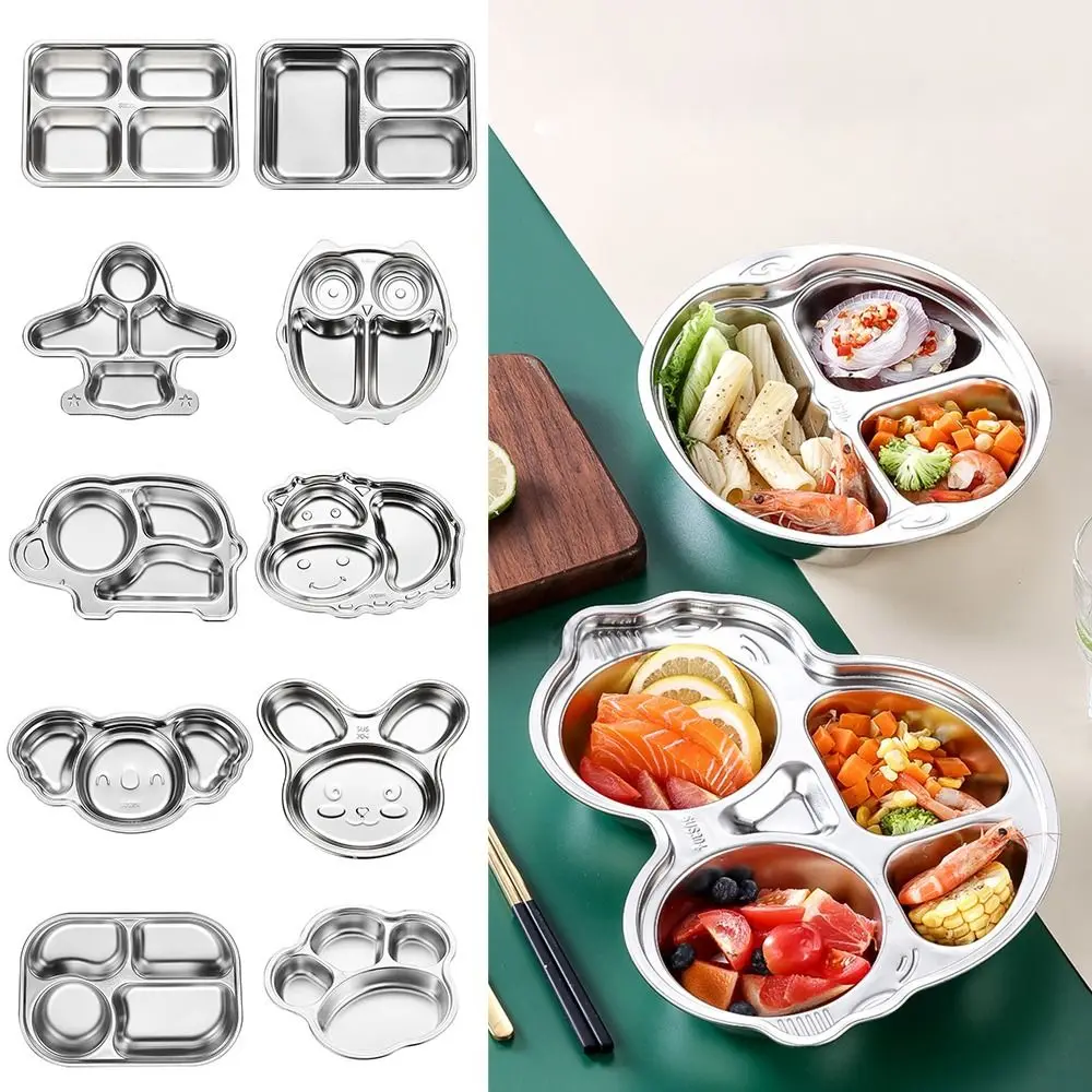 Silver Divided Dinning Plate 304 Stainless Steel Food Container Kid Feeding Service Plate Cartoon Animal Shape