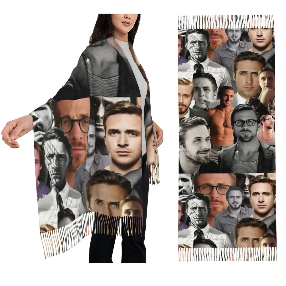 

Шарф с коллажем Ryan Gosling, шарфы с кисточками для женщин, мягкие теплые шали и накидки, длинная осенне-зимняя шаль