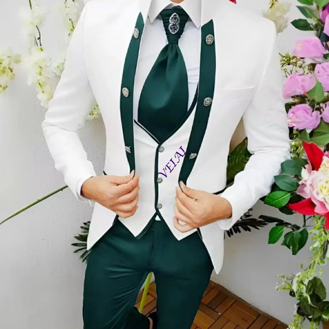 CustomizedPremium Men's Jacquard Suit White 3pcs Set Wedding Groom Tuxedo Shawl Collar Formal Jacket Vest Pants Beach Party Cust