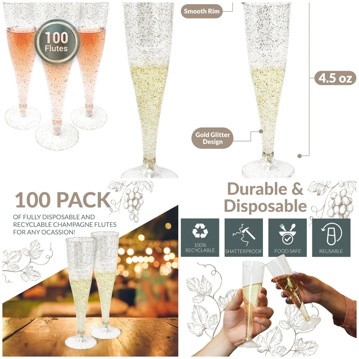 

Gold Glitter Plastic Champagne Flutes, 100 Pack, 4.5 oz, Premium Party Glasses
