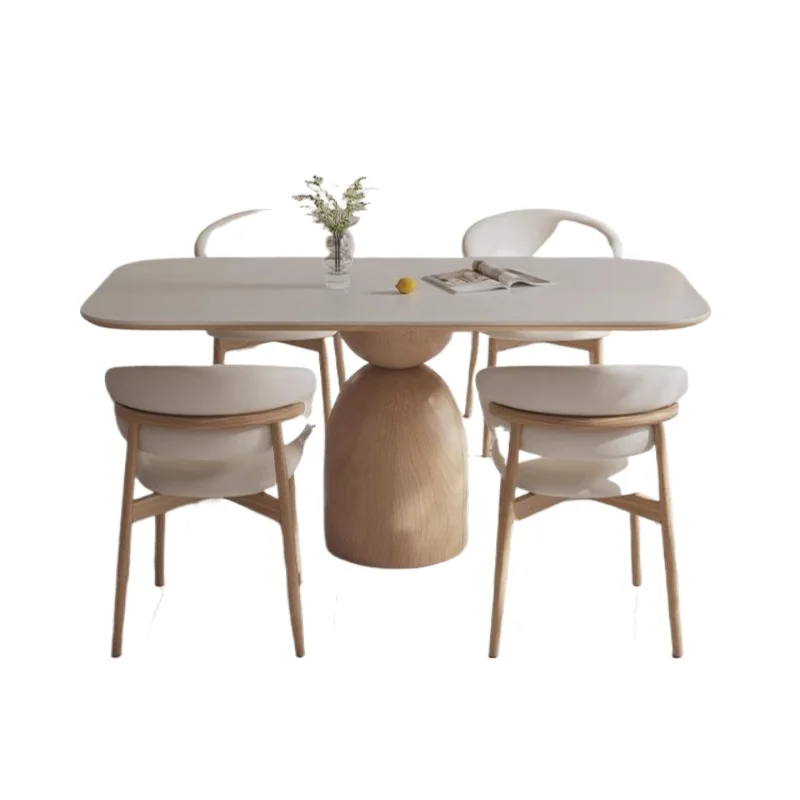 Cream style log color rock slab dining table and chair combination matte pure white household small apartment solid wood