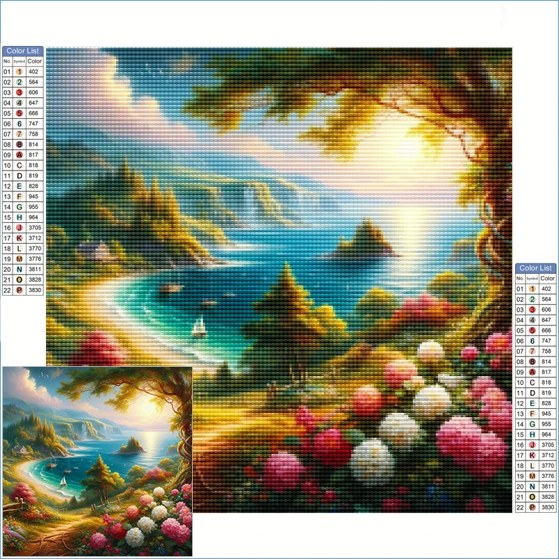 

Алмазные картины 2025. Прибрежная сцена с пышной зеленью, цветеющими цветами. Полная квадратная дрель. Алмазная вышивка. Продукты.