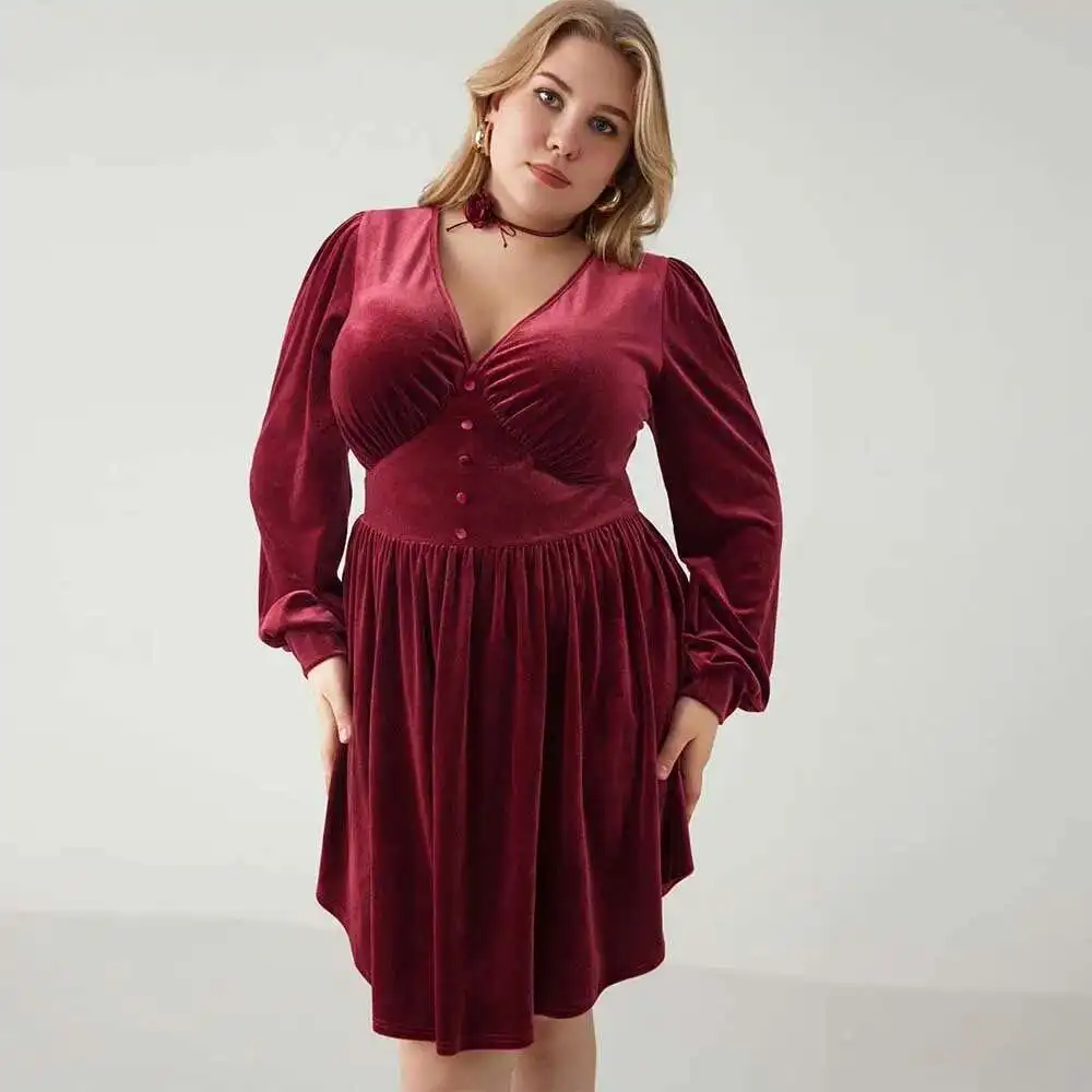 

Large Size Women's Elegant Temperament Dress Autumn and Winter V-neck Wine Red High Waisted Short Skirt for Women Casual Y2k