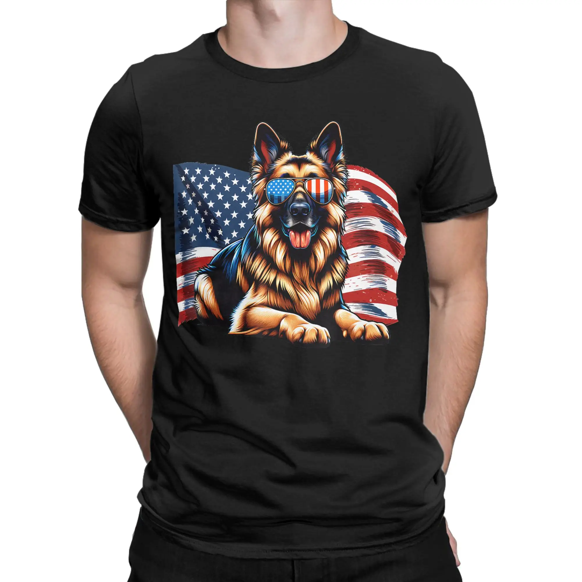 German Shepherd Dogs T-Shirts for Men Women USA Flag Patriotic Hipster 100% Cotton Tee Shirt Crewneck T Shirt Adult Tops