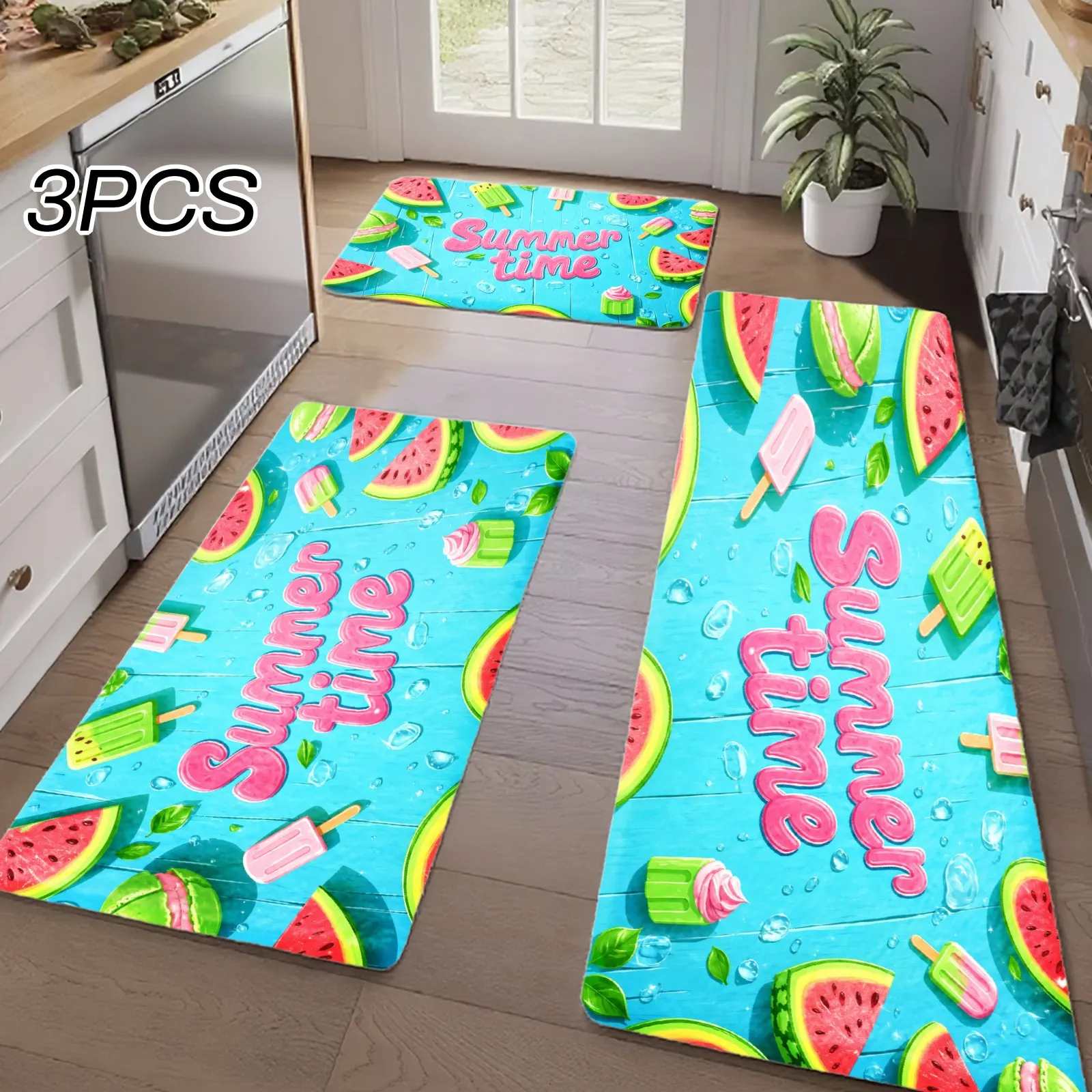 3PCS Kitchen Rugs,Home Decoration for Front Door, Kitchen, Bathroom, Summer Time Watermelon Popsicle Pattern Print Dining Mat