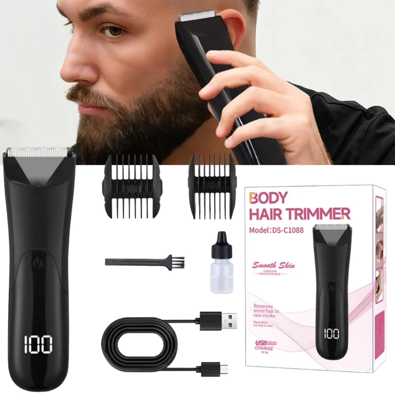 

Men's Body Hair Trimmer with 2 Guide Combs & Cleaning Kit Waterproof Electric Hair Shaver with Digital Battery Indicator