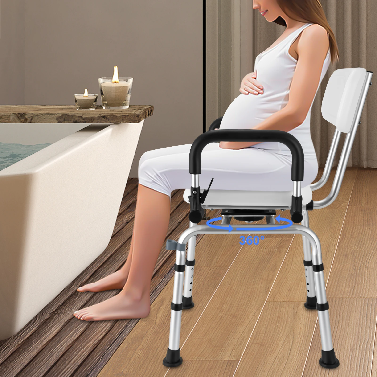 360° Rotating Shower Chair with Armrests and Backrest, Height-Adjustable Rotatable Shower Stool, Shower Chair