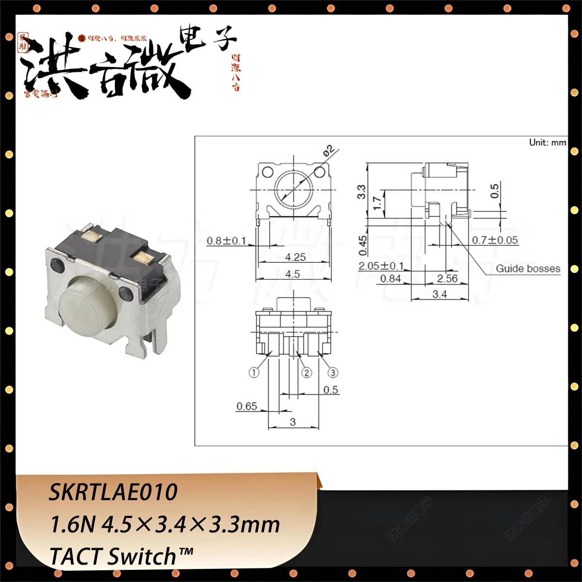 20PCS SKRTLAE010 4.5×3.4×3.3mm N.O. SPST Round Button J-Bend 0.05A 50mA 12VDC 1.6N SMD Lying Press NEW Original Switch Tactile