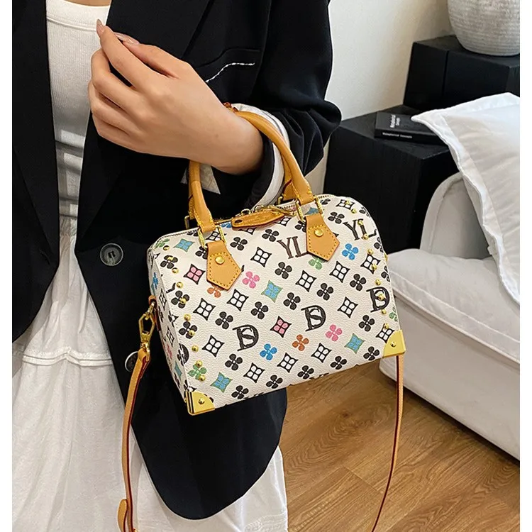 

New Retro Tri-Color Boston Pillow Bag for Women Floral Print Shoulder Crossbody Purse, Vintage Boho Tote, Casual Fashion Handbag