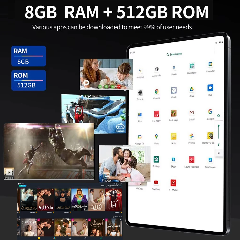 タブレットPCAndroidグローバルバージョン,タイプC, 8GB RAM, 512GB ROM,デュアルSIM, 4G LTE,wifi 2.4, 5G, 11インチ,13.0 8000mah、新品