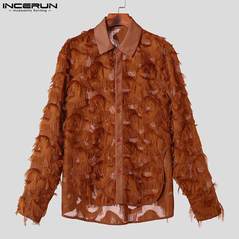 INCERUN Tops 2024 American Style New Men\'s Jacquard Tassel See-through Mesh Shirts Fashion Party Shows Long Sleeved Blouse S-5XL