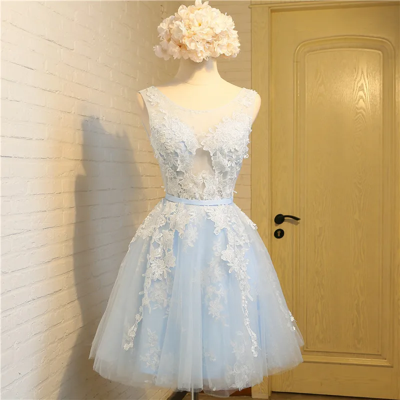 

ANGELSBRIDEP Short Mini Prom Homecoming Dresses Light Blue Tulle Lace Appliques Graduation Party Gown for Juniors Custom