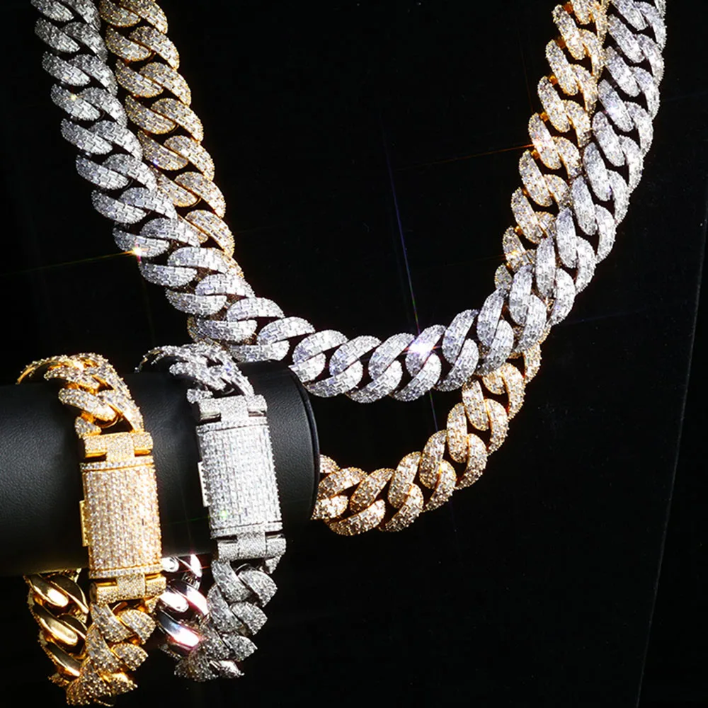 

NY 20mm Rose Gold Plated Thick Heavy Cuban Chain Bling 3Row Baguettes Iced Out Cubic Zirconia Necklace Men 7-9inch Bracelet