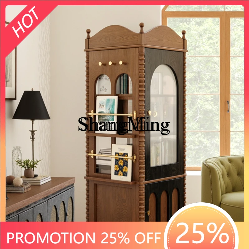 

SM looking retro solid wood rotating storage cabinet with glass door corner magazine cabinet display vertical cabinet