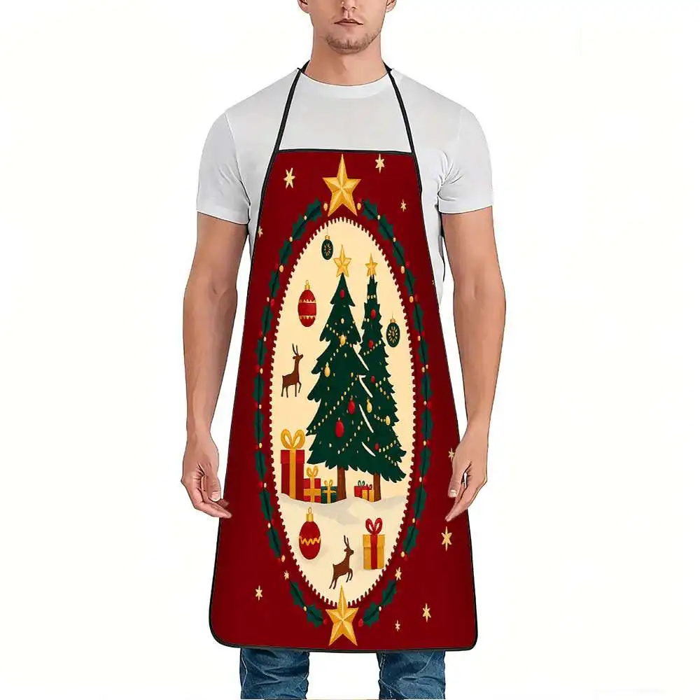 1pc Christmas Tree Reindeer Gift Print Apron, Durable and Easy to Clean, Adjustable Waistband, Polyester Material, for Kitchen C