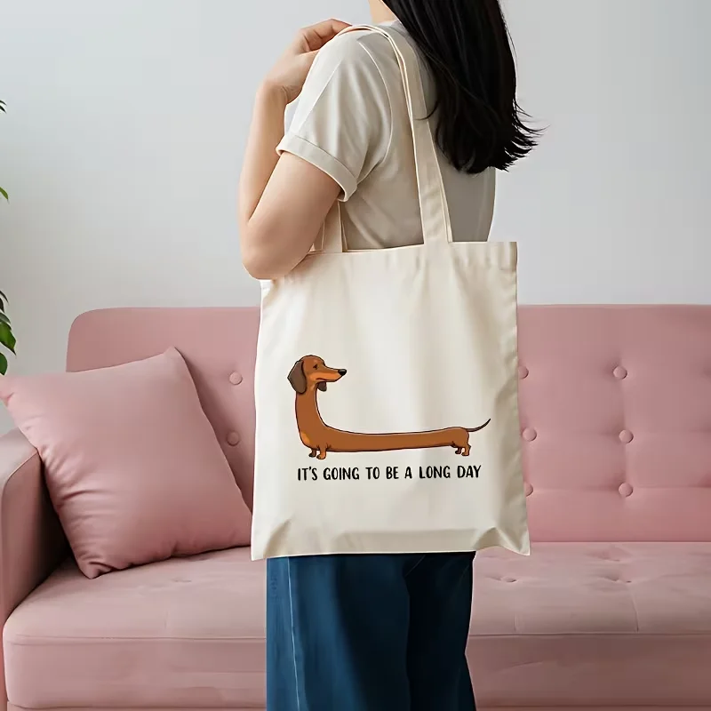 

Dachshund Print Canvas Tote Bag, Reusable Casual Style Handbag, Multifunctional Large Capacity Storage Bag