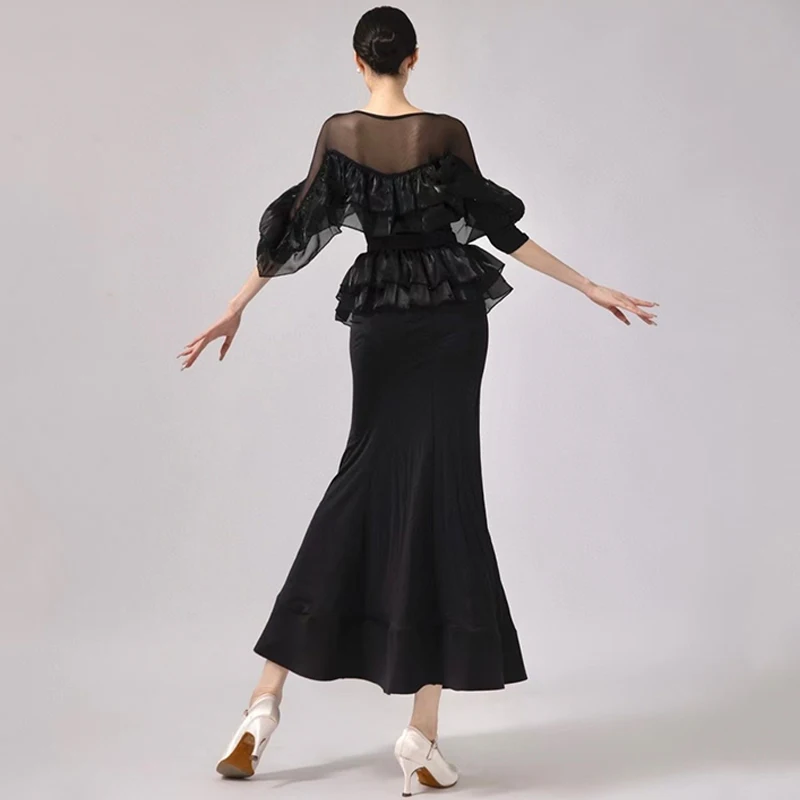 Ballroom Dance Dress Black Ruffled Tops Skirt Women Waltz Dance Performance Costume Adult Practice Competition Clothing BL12102