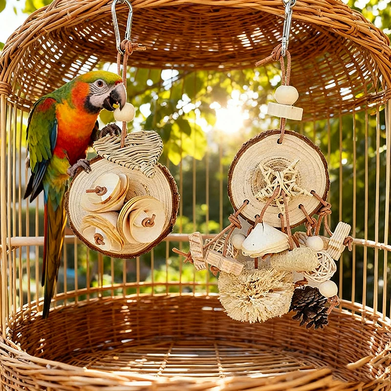 Papageien-Schnabelschleifspielzeug aus Massivholz, Rattan-Kauspielzeug, Naturgrasball, Kork-Zahnpflegespielzeug für die Vogeltraining