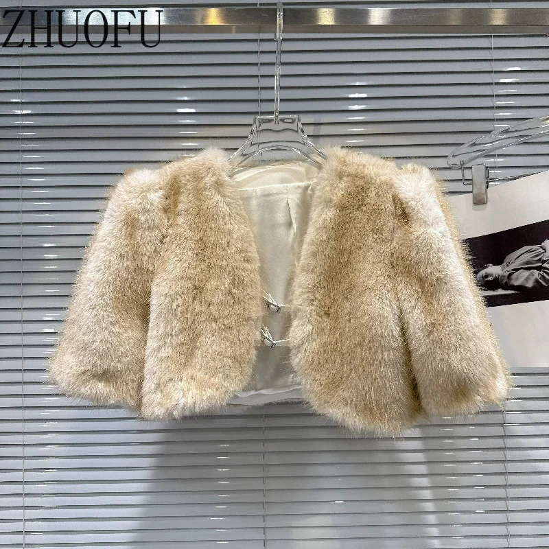 Women Apricot Faux Fur Jackets Elegant Round Neck Long Sleeve Short Coats 2026 Winter New Warm Fluffy Furry Outerwear Buckle