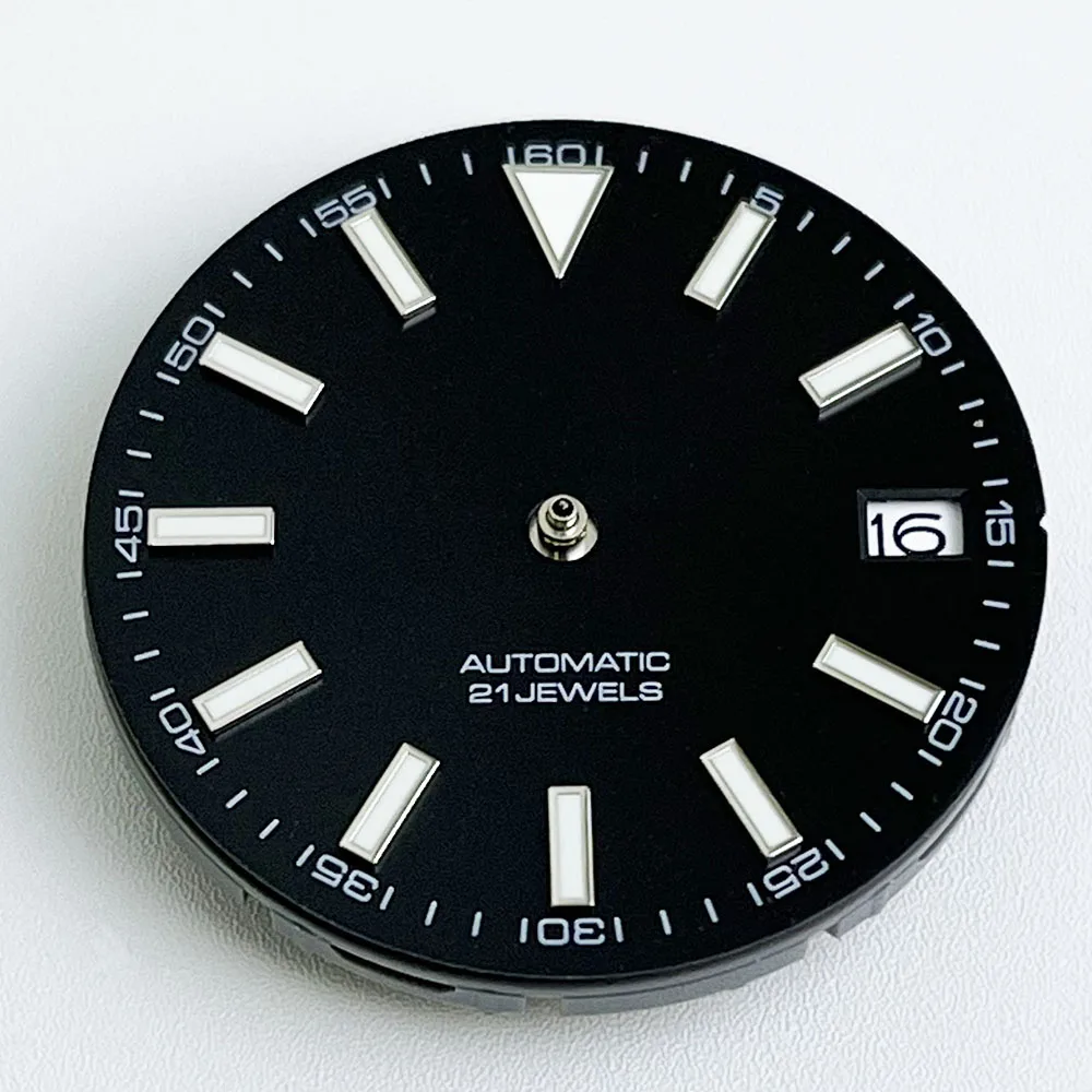 Data azul de 28,5 mm Configuração de mostrador amarelo, preto e branco mostrador nh 35 movimento automático mostrador de 29 mm