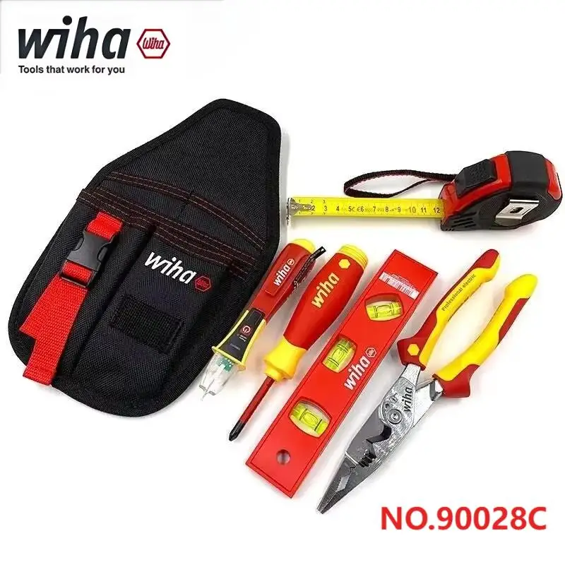 Wiha 90028C 6-in-1 Tool Kit with Belt Pouch - Insulated Pliers/Stylus/Screwdriver, Tape & Horizontal Ruler
