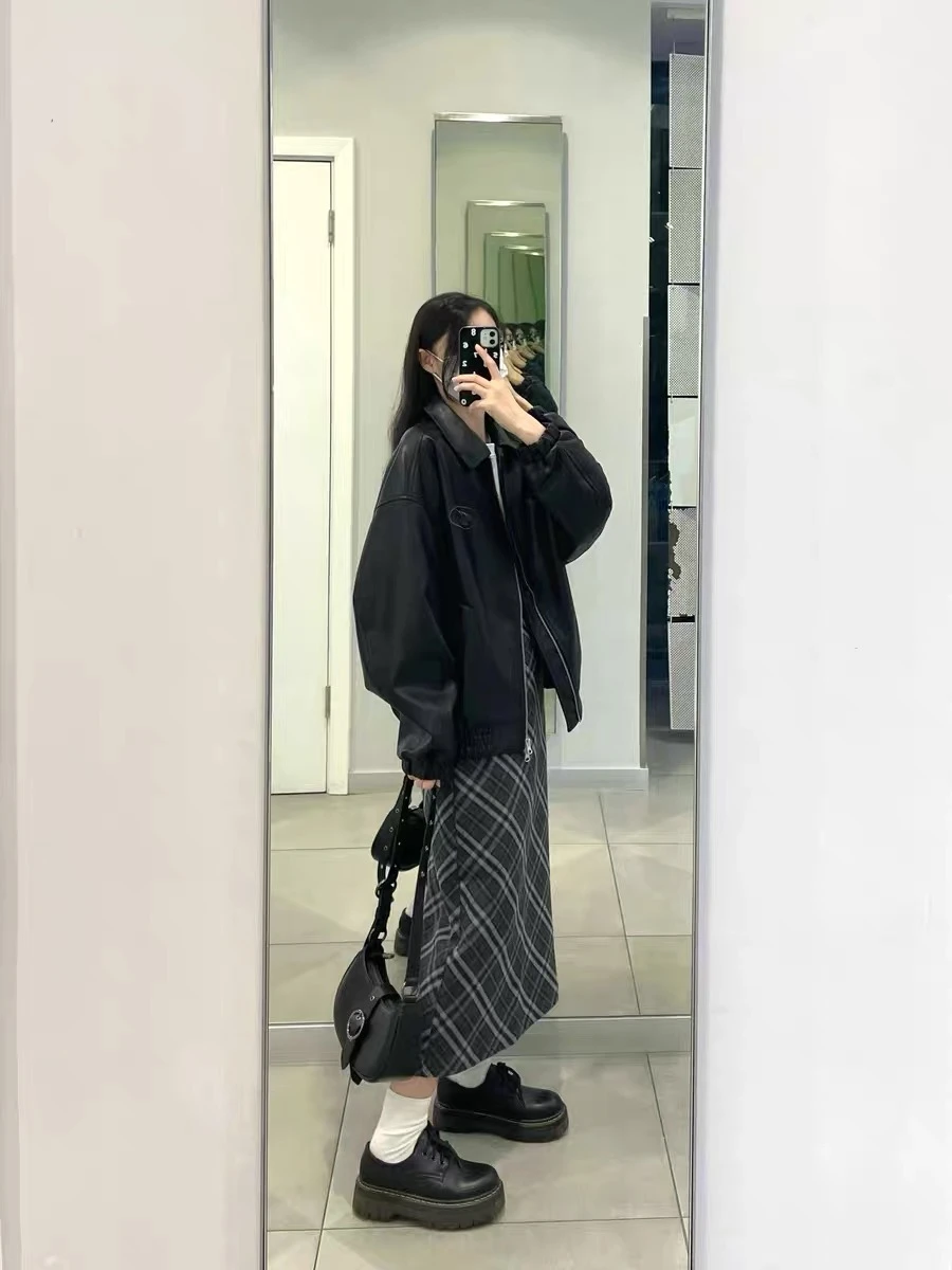 High Waist A-Line  Skirt Women's plus Size Checkered Woolen Skirt Spring Autumn Sweater Matching Slimming Long Skirts
