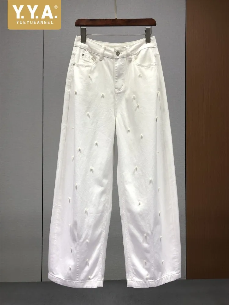 

Spring Summer Female Fashion Beading Jeans Loose Straight Wide Leg Denim Pants New Full Length Solid Color Casual Long Trousers