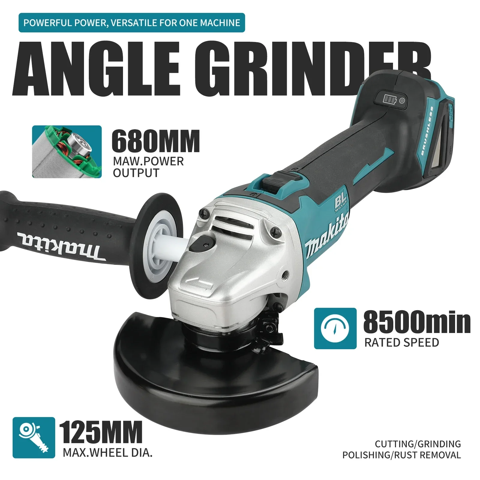 Makita DGA504 125 mm bürstenloser Lithium-Winkelschleifer, wiederaufladbare Poliermaschine, Hochleistungsschneidemaschine