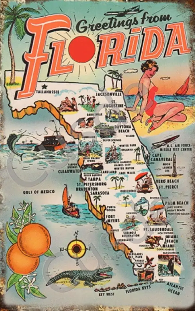 Cusde Vintage 1954 Greetings from Florida Collectible Metal Tin Sign Wall Decoration Poster Wall Decor Retro Garden Sign Vi sign