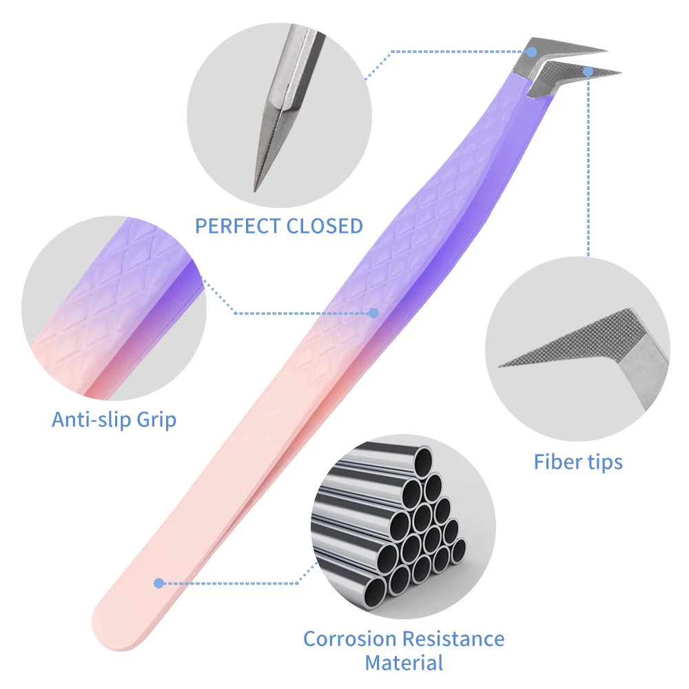 Pinzas de punta de fibra de extensión de pestañas, gradiente púrpura, acero inoxidable, pinzas profesionales de alta precisión para ventiladores de