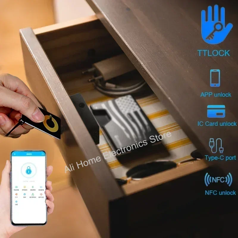 

TTLOCK Smart Wooden Door Lock Keyless Invisible Electronic Drawer Lock Sliding Door Cabinet Lock with IC Card NFC APP Unlock