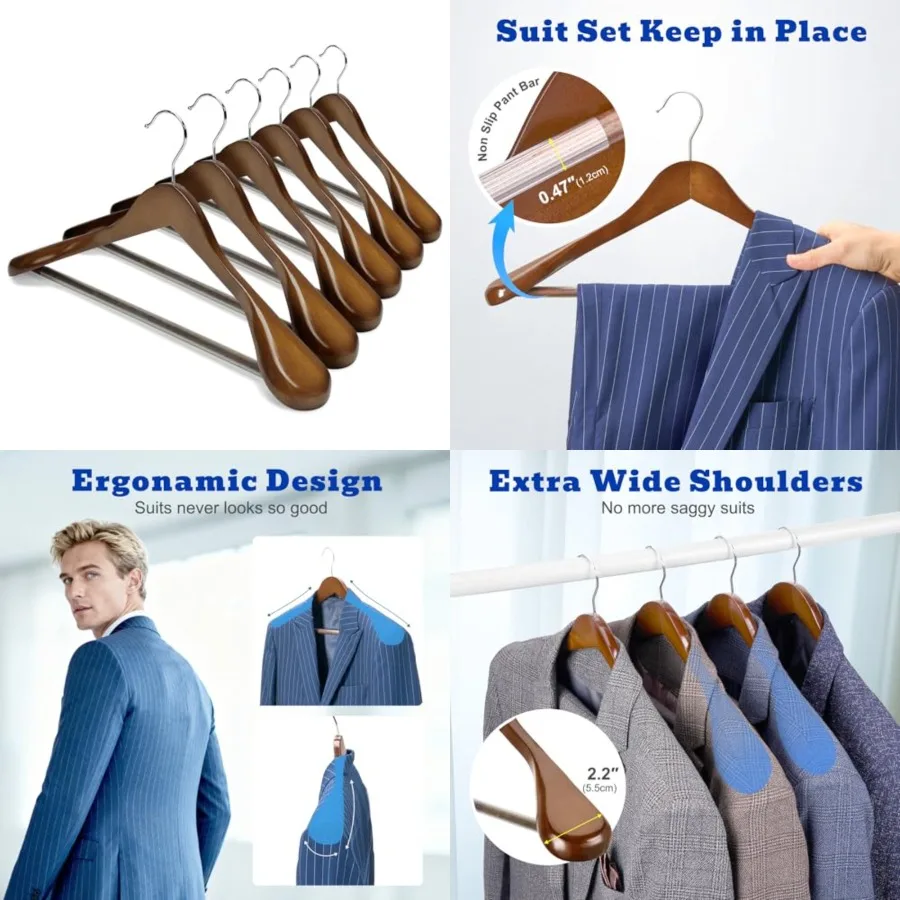 

Wide Shoulder Wooden Hangers, Suit Hangers with Non Slip Pants Bar, Smooth Finish 360 Swivel Hook Solid Wood Coat Hangers for D