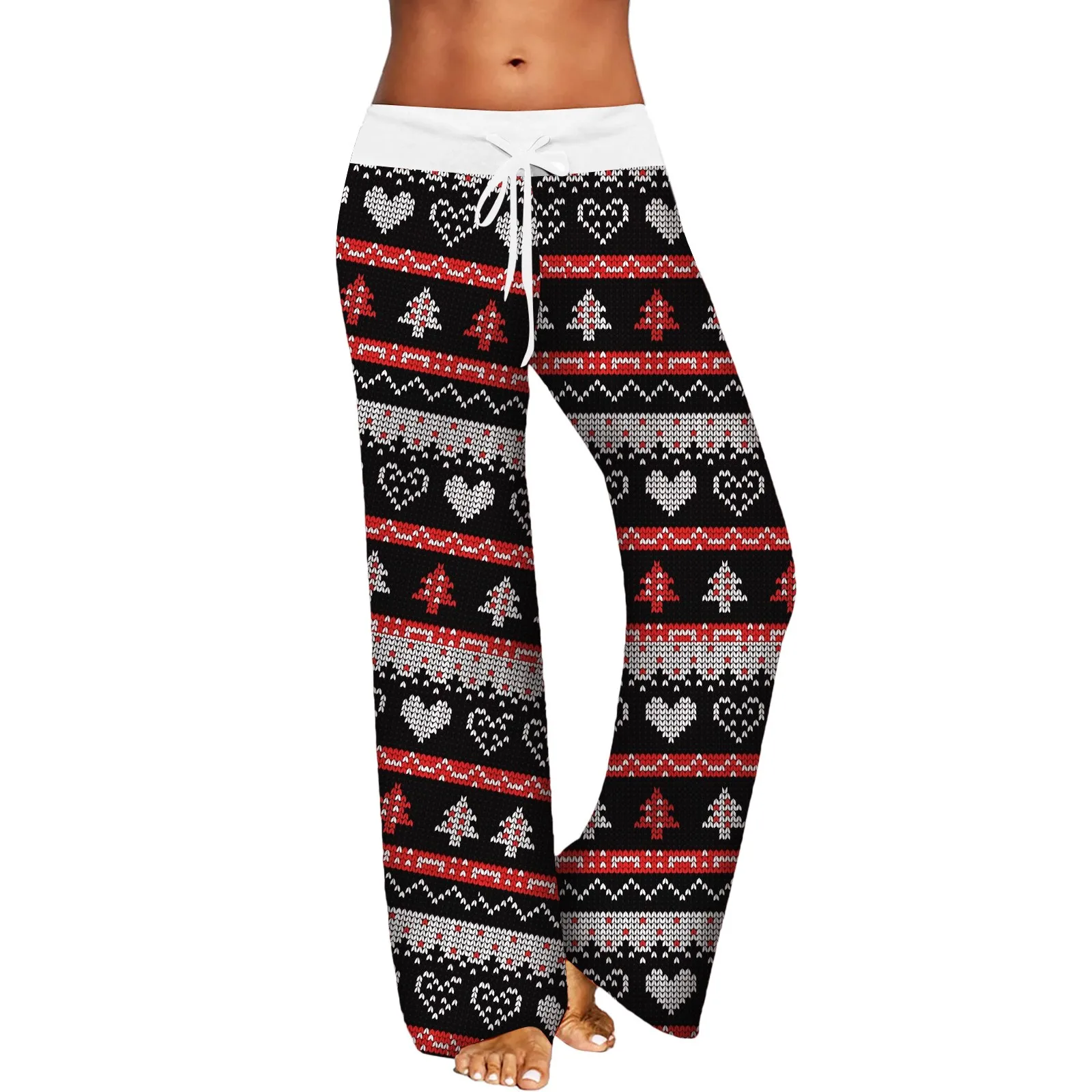 Christmas Printed Pants Women Vintage Elastic High Waist Drawstring Trousers Loose Wide Leg Outdoor Sports Trousers Pantalones