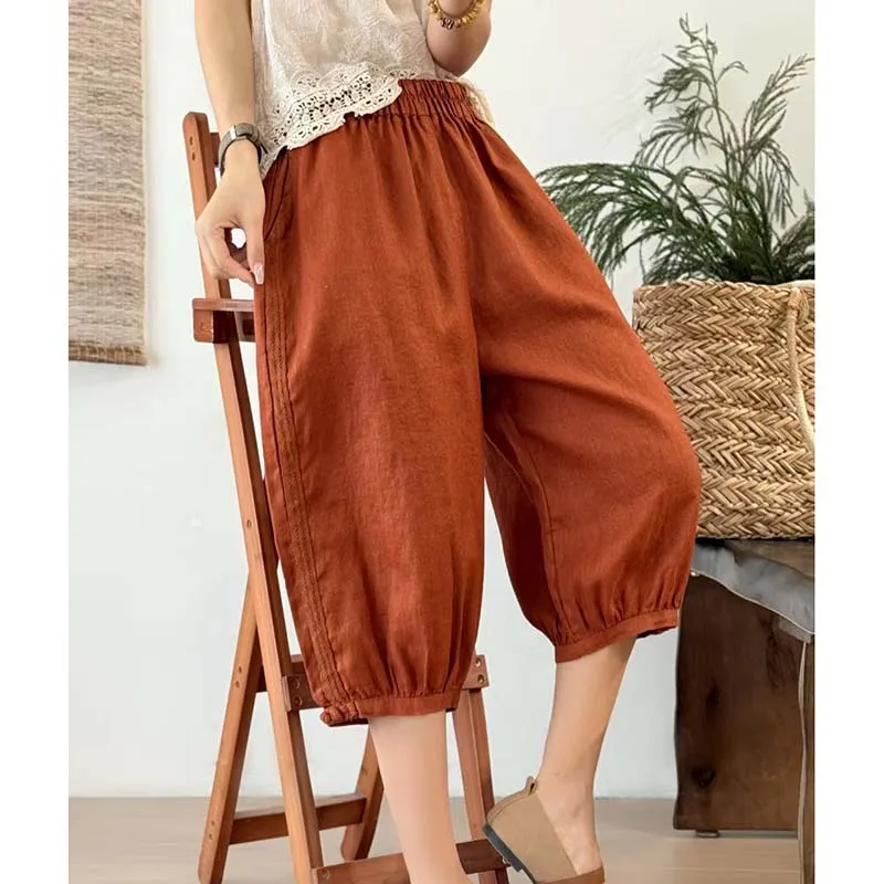 Summer Cotton Linen Casual Bloomers New Women's Simple Versatile Solid Color Loose Shorts Plus Size Retro Five-point Harem Pants