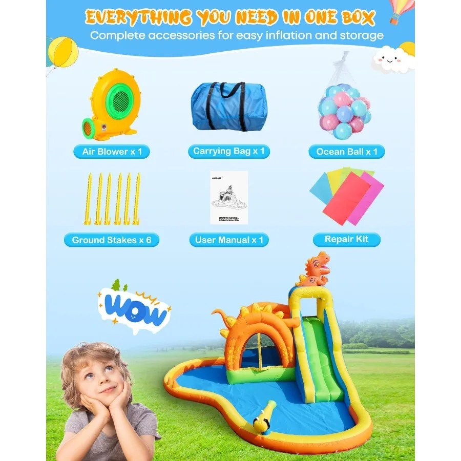 Parco gonfiabile per diapositive d'acqua con dinosauro Casa di rimbalzo 7 in 1 con zona di salto per diapositive Parete da arrampicata su piscina e canestro da basket 480