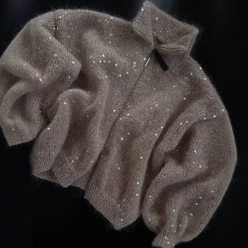 

Double Zipper Sequined Sweater Shiny Casual Knit Cardigan Autumn Winter Women'S Jacket Coat Y2K Korean Stand Collar Knitwear