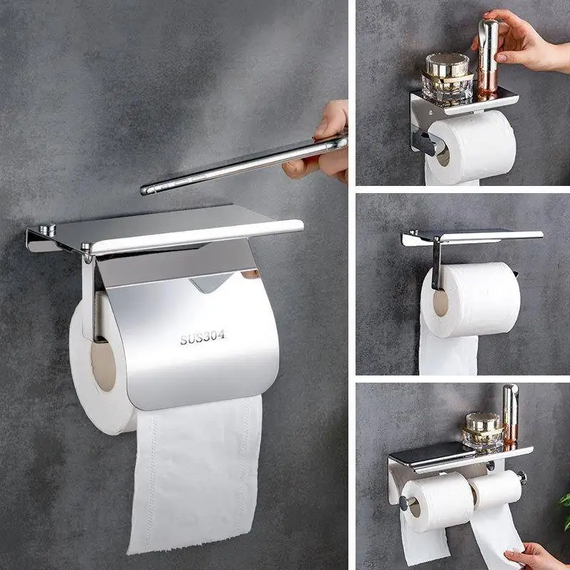 304 Stainless Steel Toilet Paper Holder Wall Mounted No Drilling Required Bathroom Towel Rack Hotel Bathroom Phone Stand