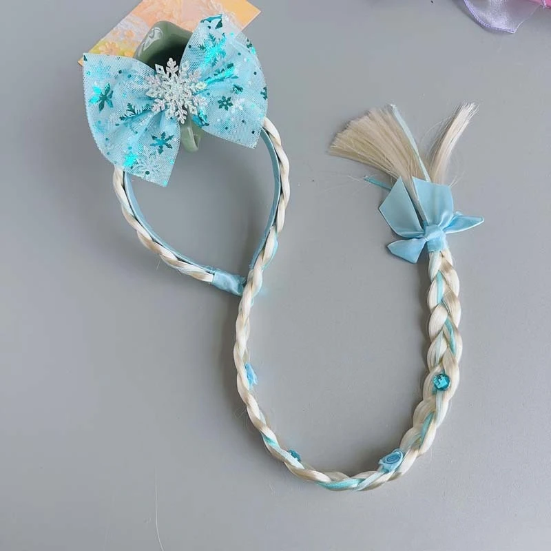 Princess Girls Stand Mesh Bow Headband with Long Braided Wig Cute Girl Stage Dress-up Wig Ice and Snow Hair Cos Wig Headbands
