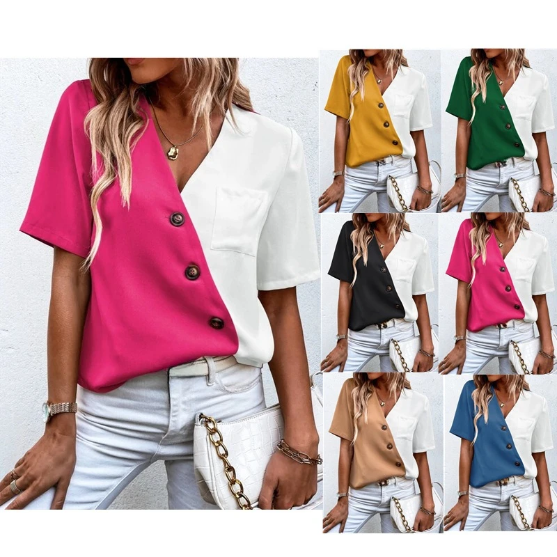 

Women's Color block Button Up Shirt Short Sleeve Blouse Top Summer V Neck Casual T-Shirt