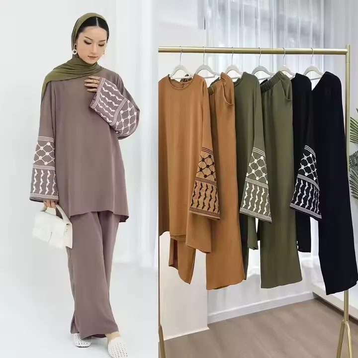 

Ramadan Eid Muslim Women Embroidery Tops Pants 2 Pieces Set Dubai Abaya Turkey Kaftan Islamic Clothing Arabic Outfits Suit Dress