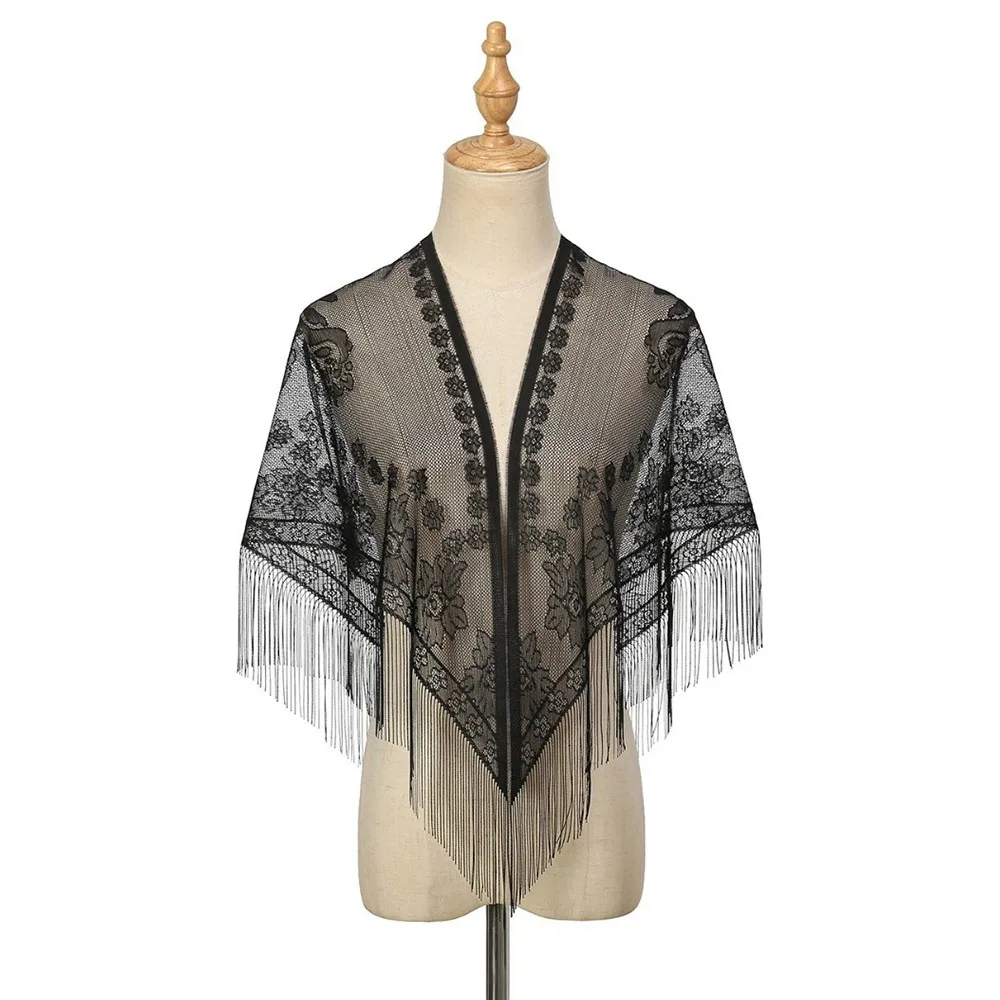 Fashion Pure Color Women Shawl Hollow Mesh Tulle Triangle Scarf With Tassel Transparent Lace Scarf Cosplay