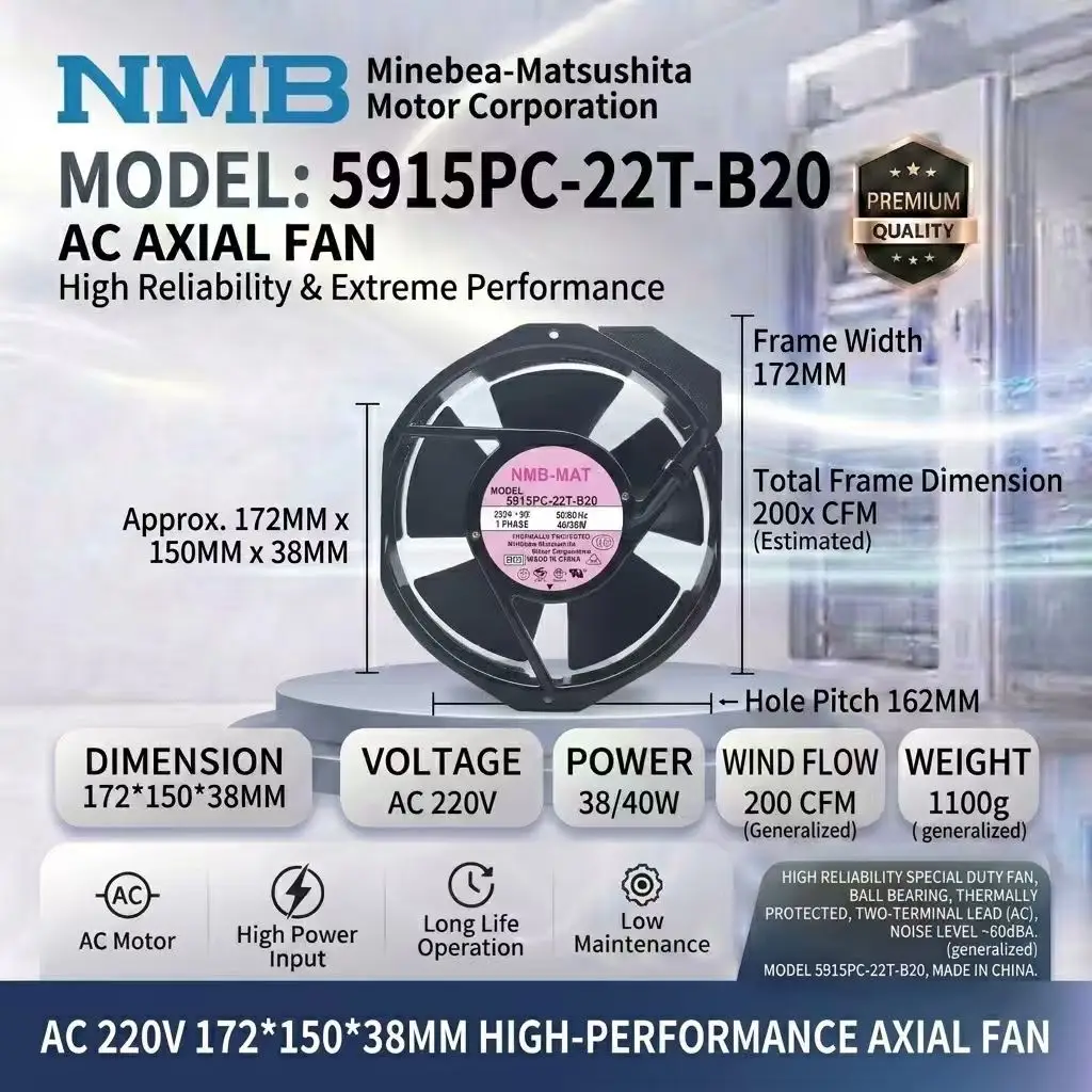 For NMB 5915PC-22T-B30 AC 220V 17250 172x150x38mm Ball Bearing 40W 200CFM 60dB Cabinet Inverter Server Axial Cooling Fan
